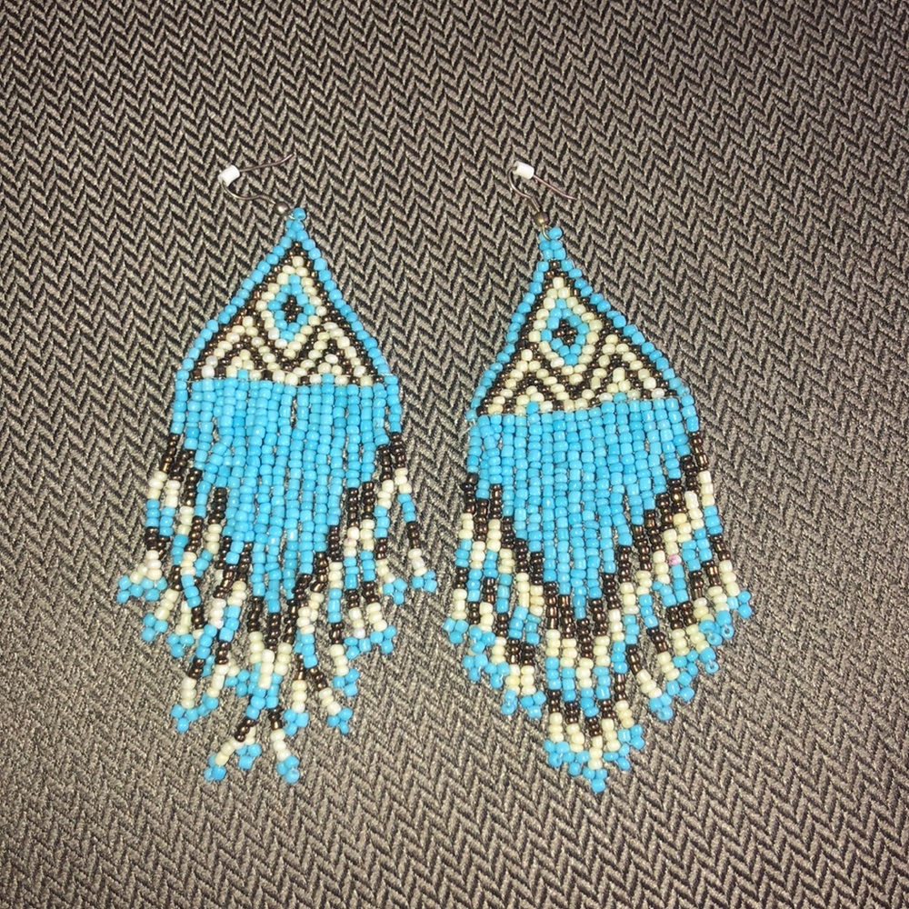 Aztec fringe blue beaded earrings